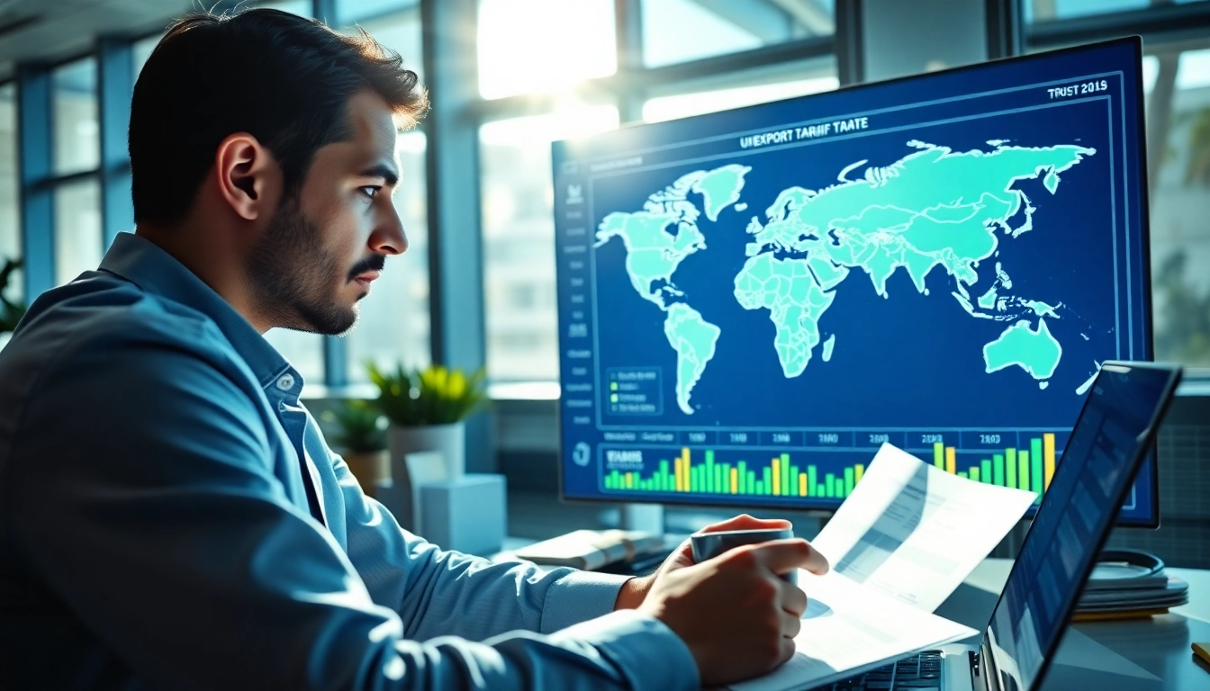 Analyze export tariffs while reviewing trade data in a modern office setting.
