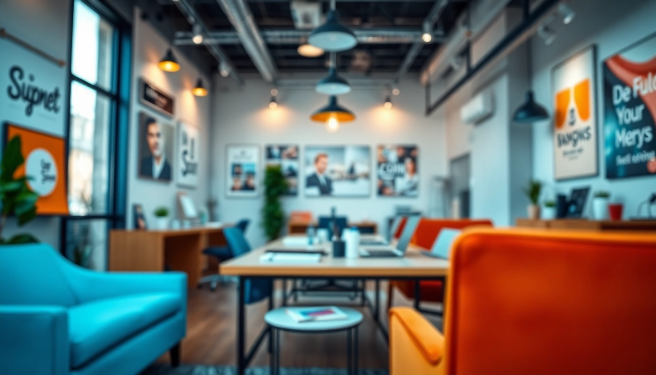 Showcase smart branding solutions in a vibrant workspace with creative elements and professional ambiance.