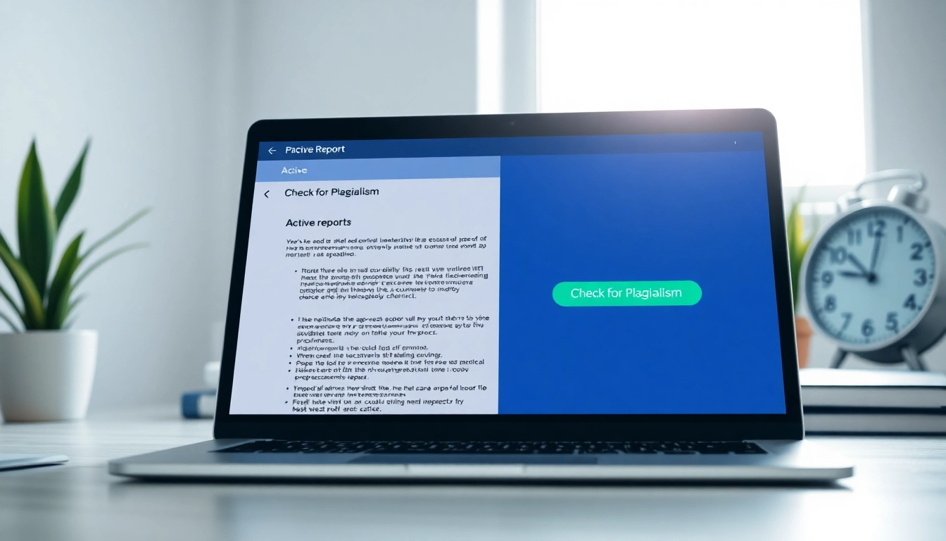 Check plagiarism with an advanced plagiarism checker displayed on a laptop in a modern workspace.
