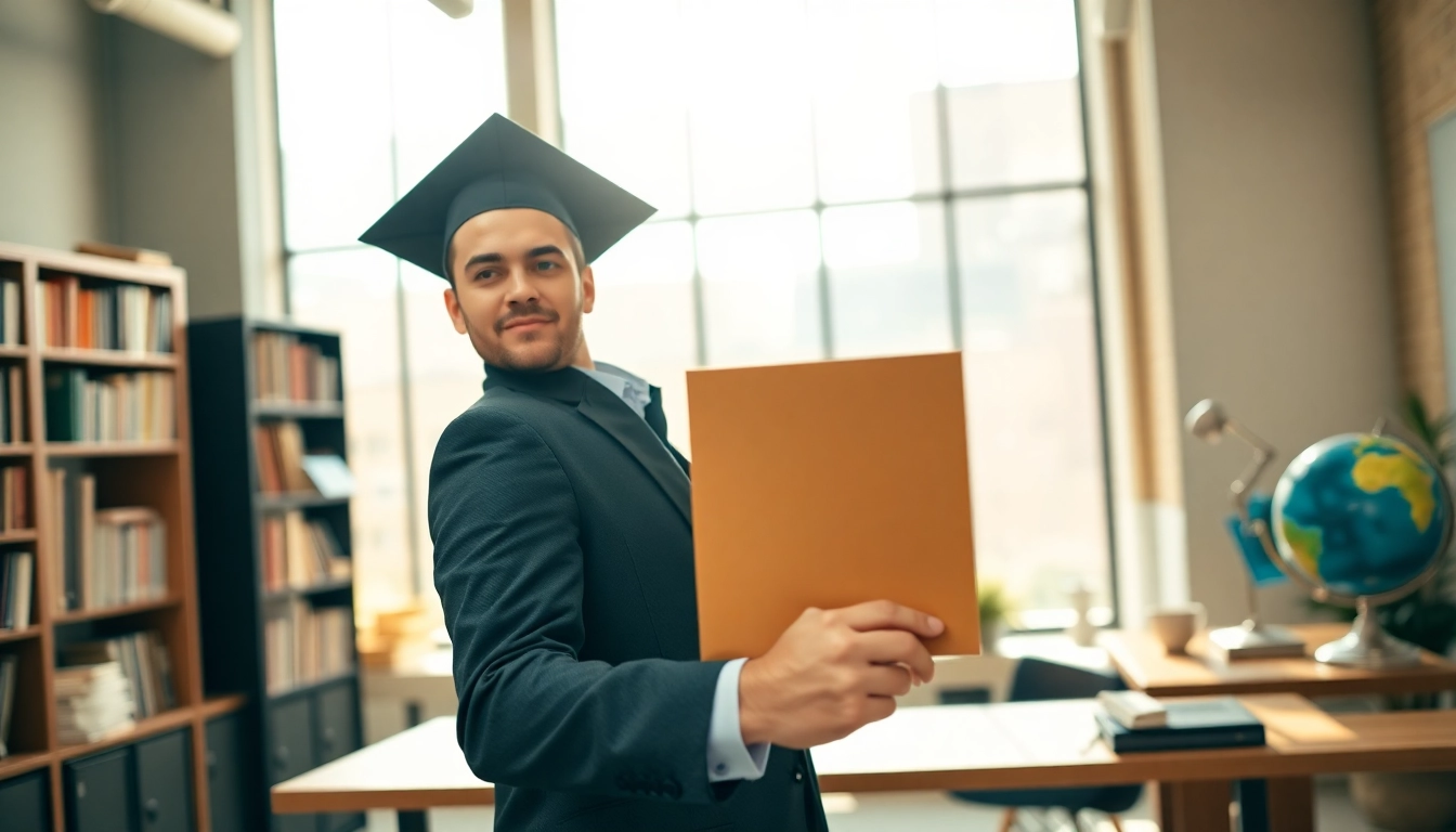 Buy master degree UK: Confident graduate proudly displaying diploma in modern office.