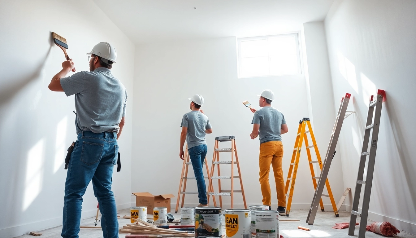 Drywall painting contractors near me applying fresh paint in a modern living space.