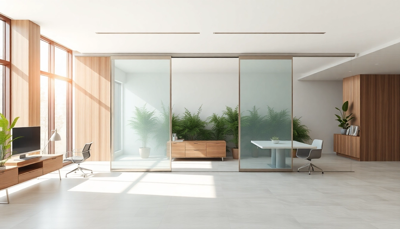 Enhance your space with a sliding partition wall effectively dividing the areas in a modern office.