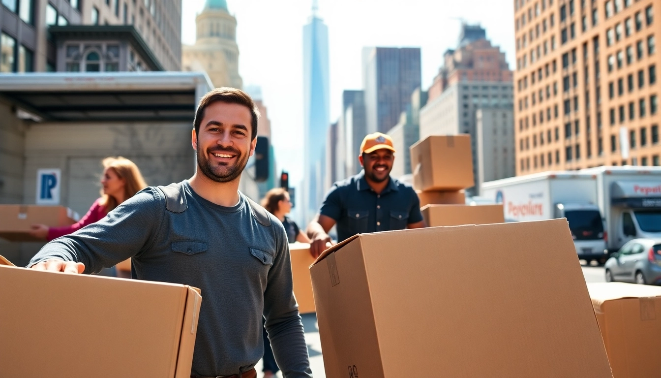 Expert Manhattan moving company professionals assisting clients amid NYC's skyline.