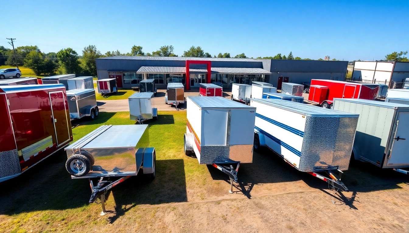 View of quality trailers near me, displayed prominently on a sunny dealership lot.