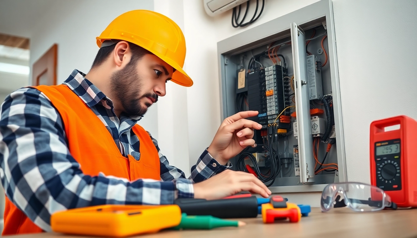 Electrical Service technician conducting installation in a home, emphasizing expertise and safety.