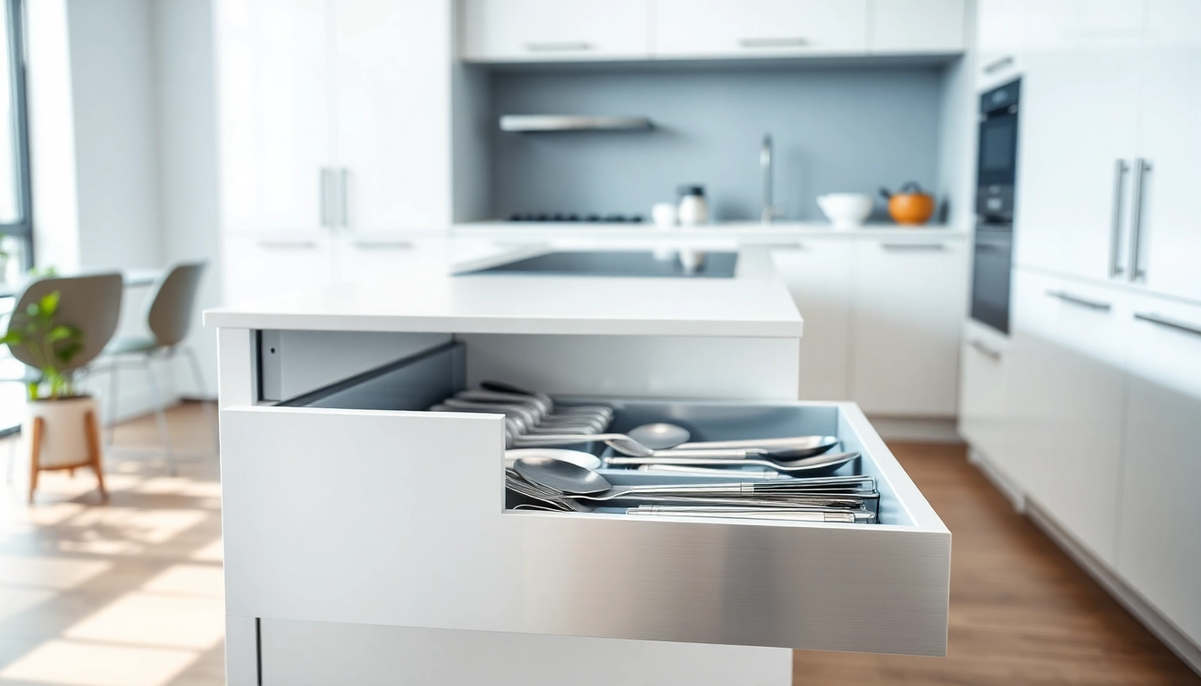 Showcasing a double wall drawer system featuring sleek design and organized kitchen tools.