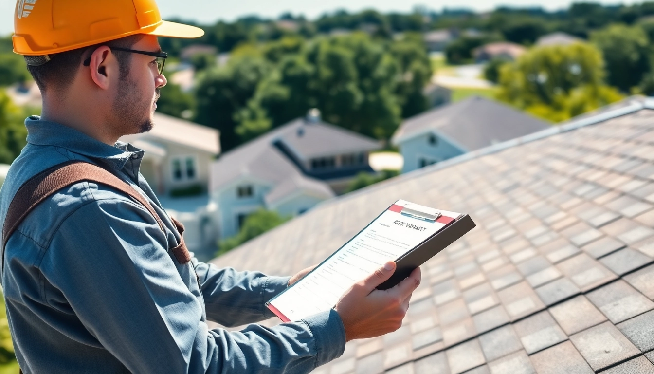 Assessing roof warranty Central Texas with a professional contractor reviewing quality assurance in an Austin neighborhood.
