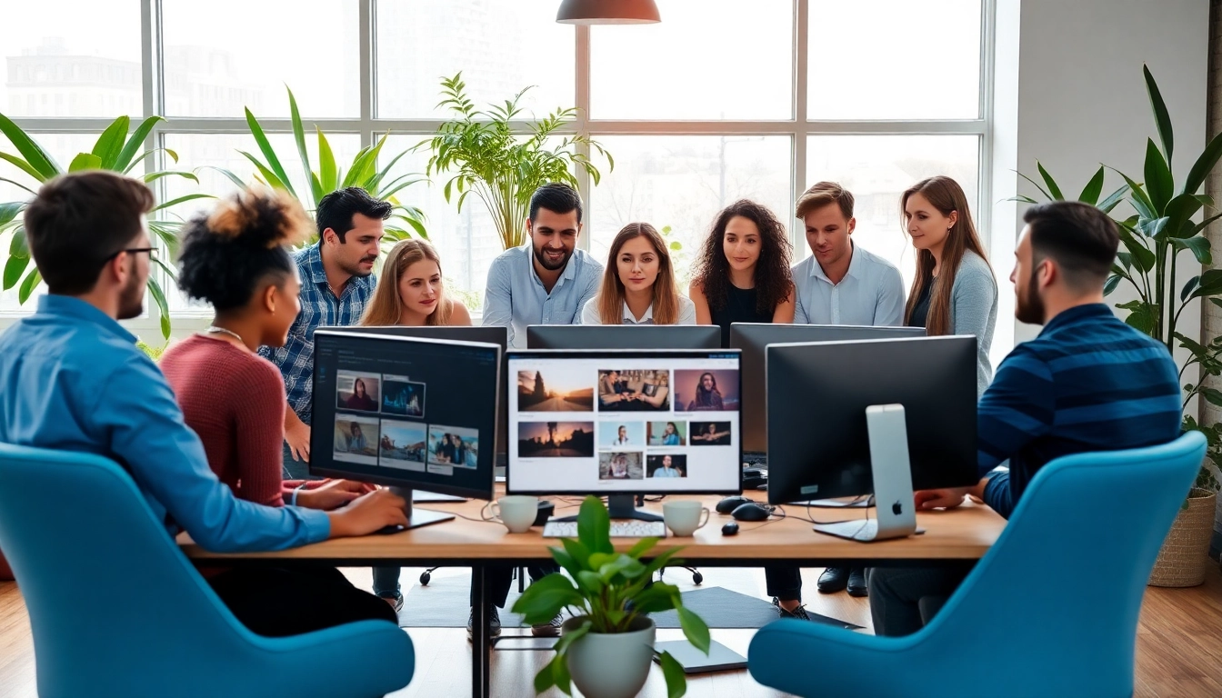 Showcasing professional web design Edmonton with a diverse team collaborating in a bright office.