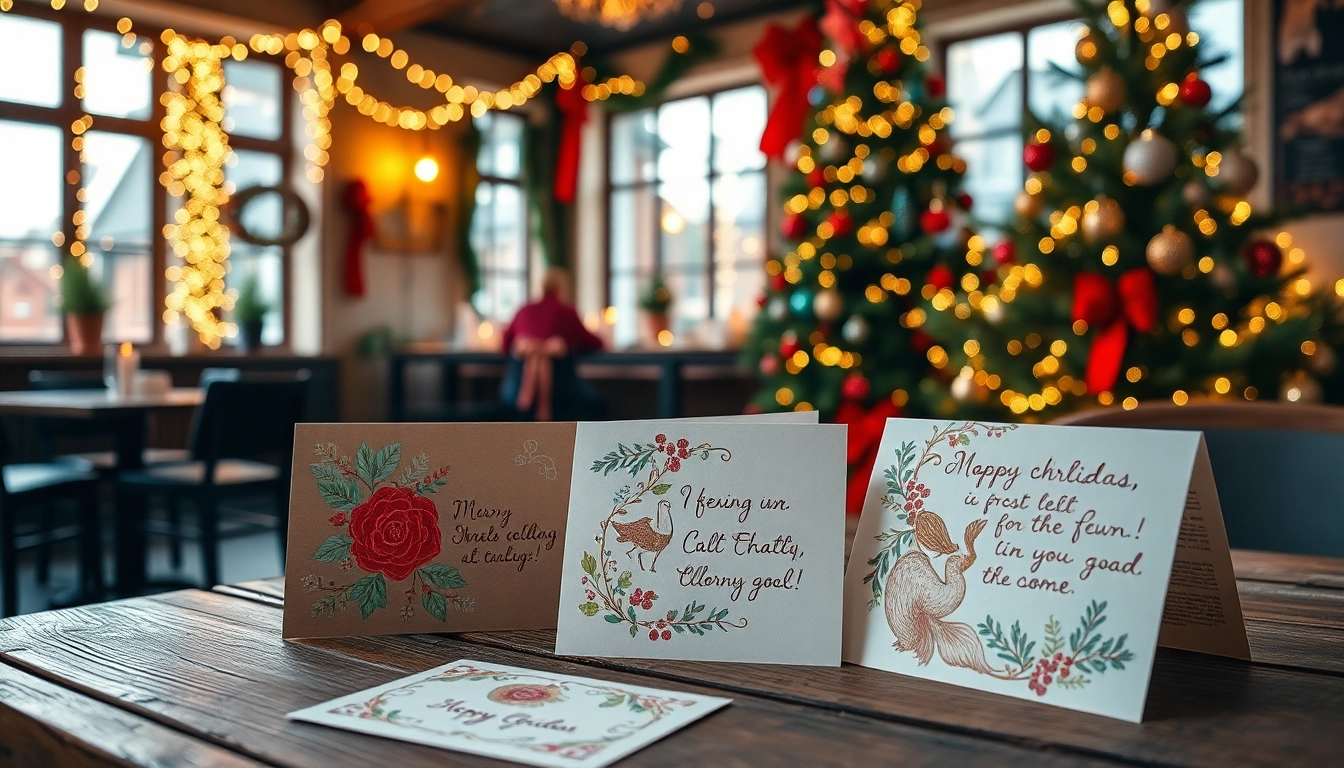 Celebrate the season with Christmas cards Shoreditch showcasing festive designs on a rustic wooden table.