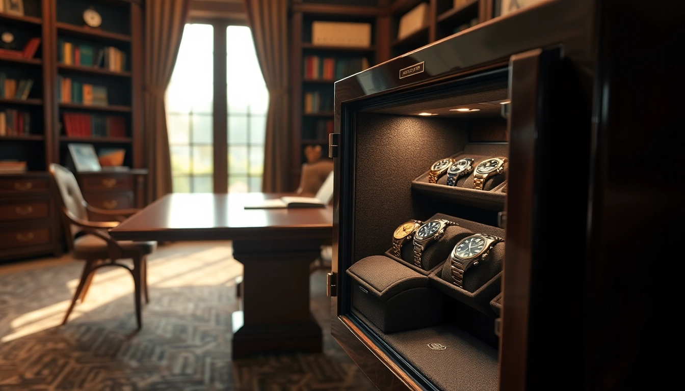 Showcase a luxury watch safe with a polished design in an elegant study environment.