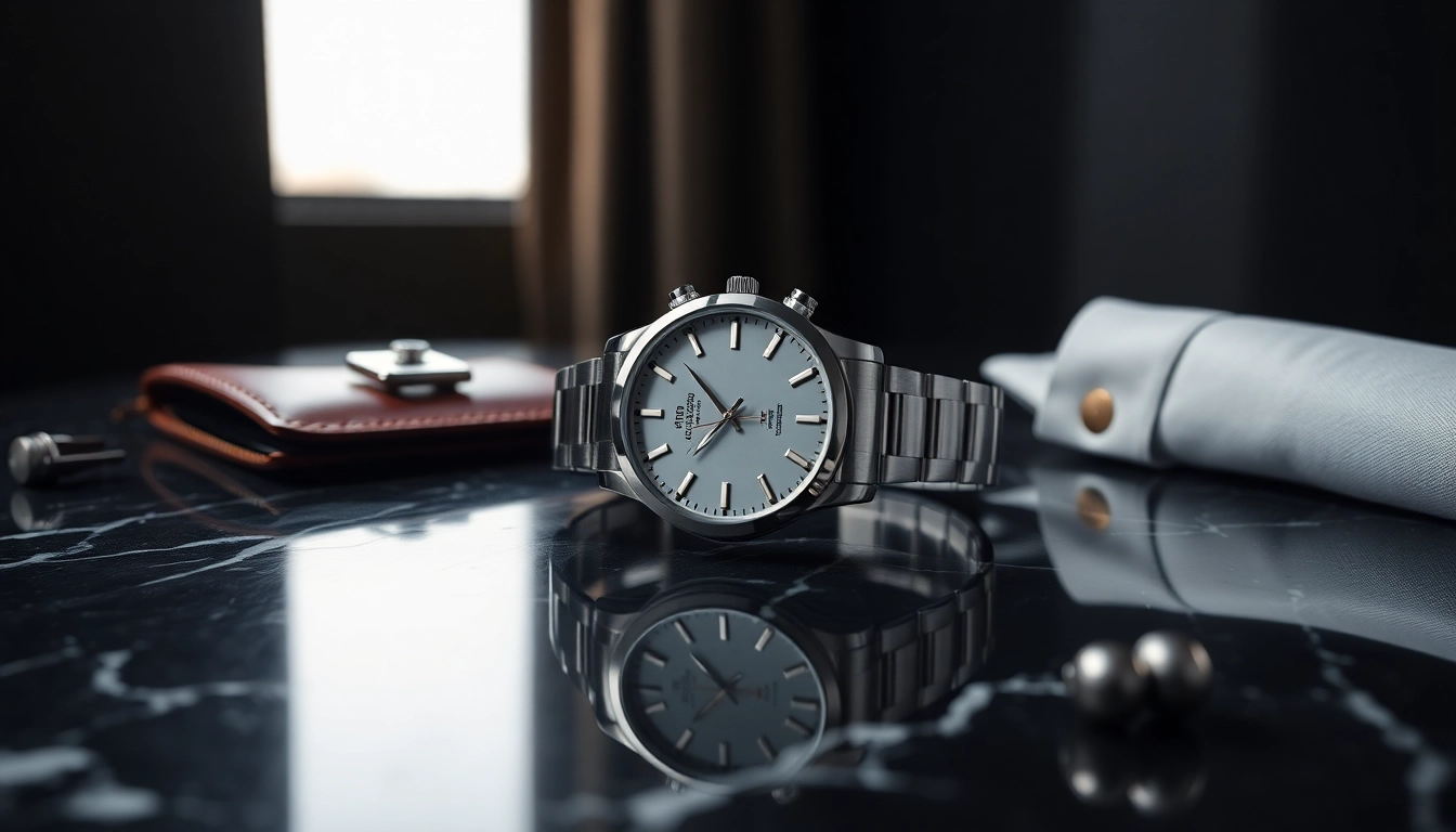 Elegante Herren Armbanduhren auf schwarzem Marmor mit minimalistischen Designdetails präsentieren