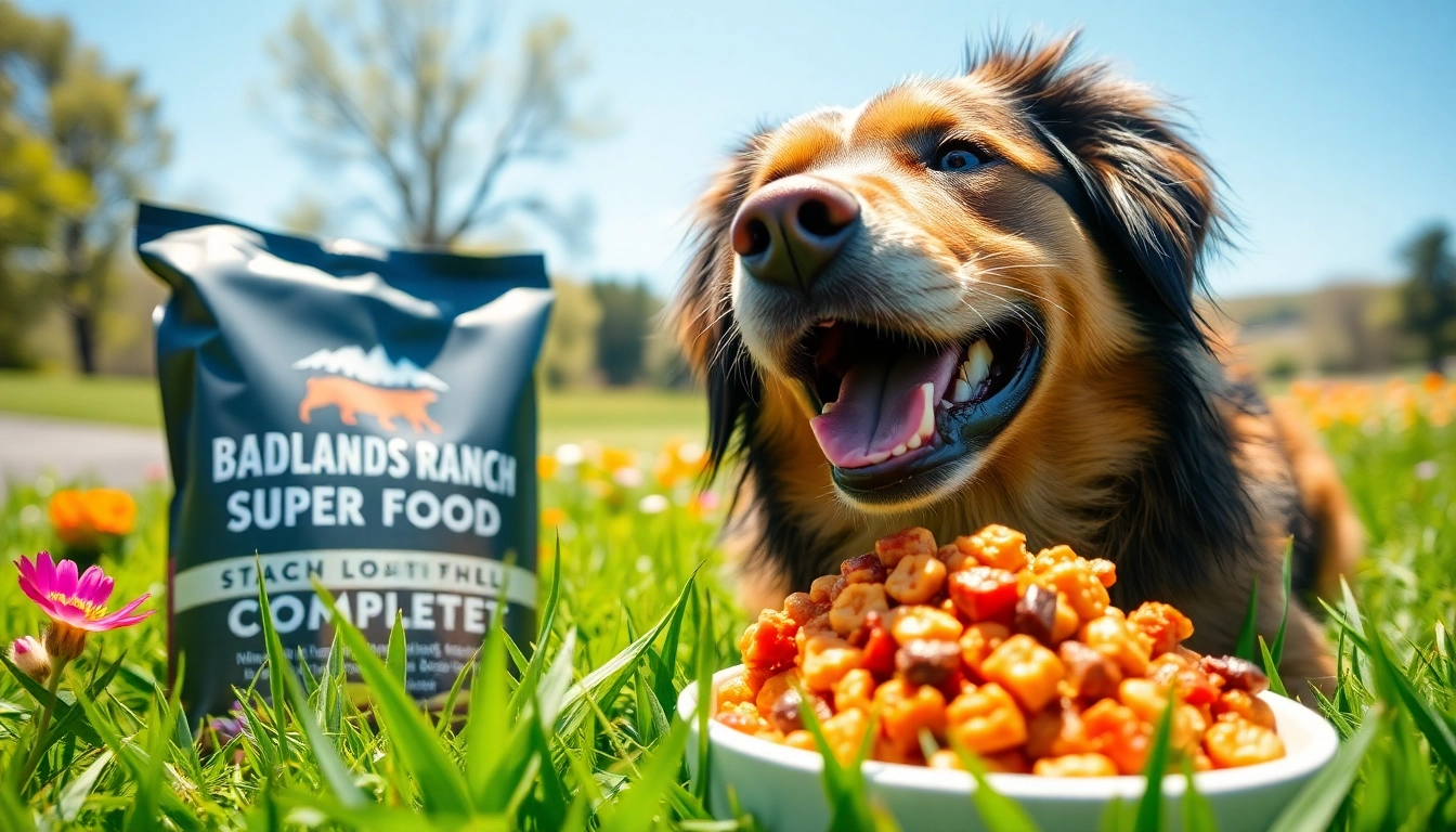 Dog relishing badlands ranch superfood complete in a sunny park, showcasing vitality and health.