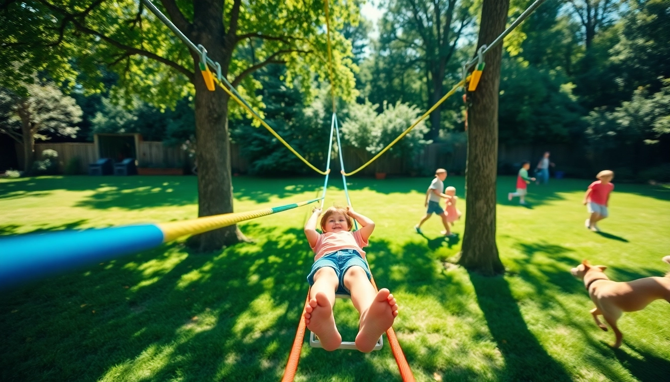 Children using ZIP WIRE KITS in a bright backyard with greenery and playful atmosphere.