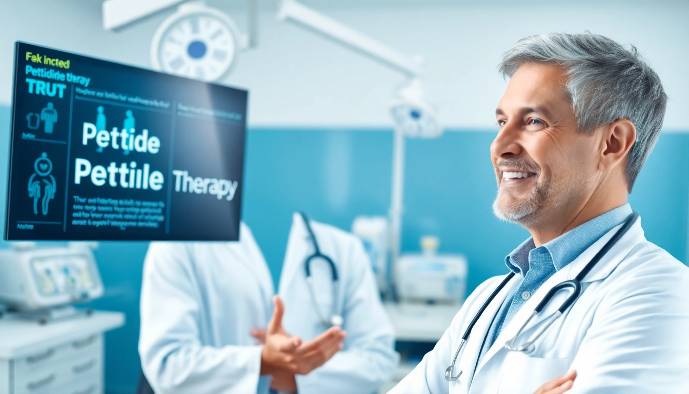 Doctor explains Peptide Therapy benefits in a welcoming medical setting.