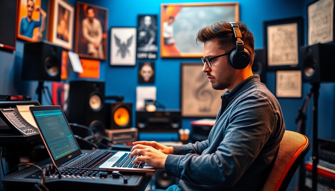 Engaging in music pitching, a producer showcases creativity in a modern studio.