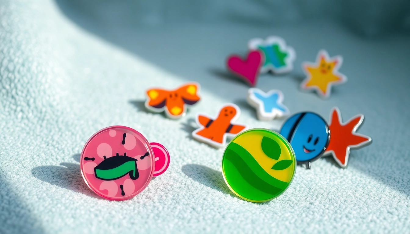 Showcasing custom acrylic pins with vibrant colors and unique designs for creative branding.