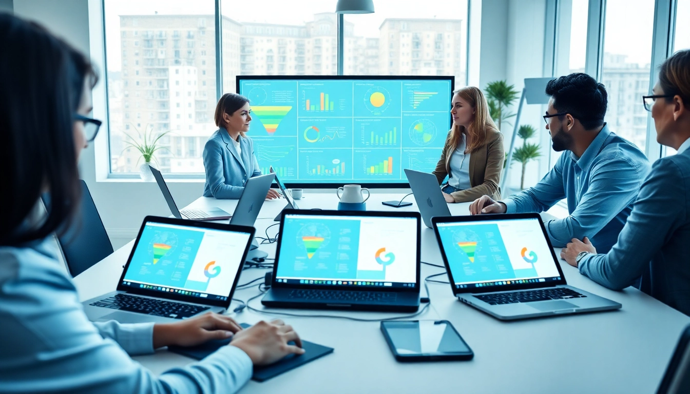 Dynamic professionals collaborating on Funnel Builders in a modern digital workspace.