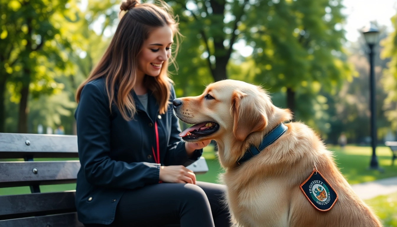 Supportive psychiatric service dogs aiding individuals in a peaceful outdoor environment.