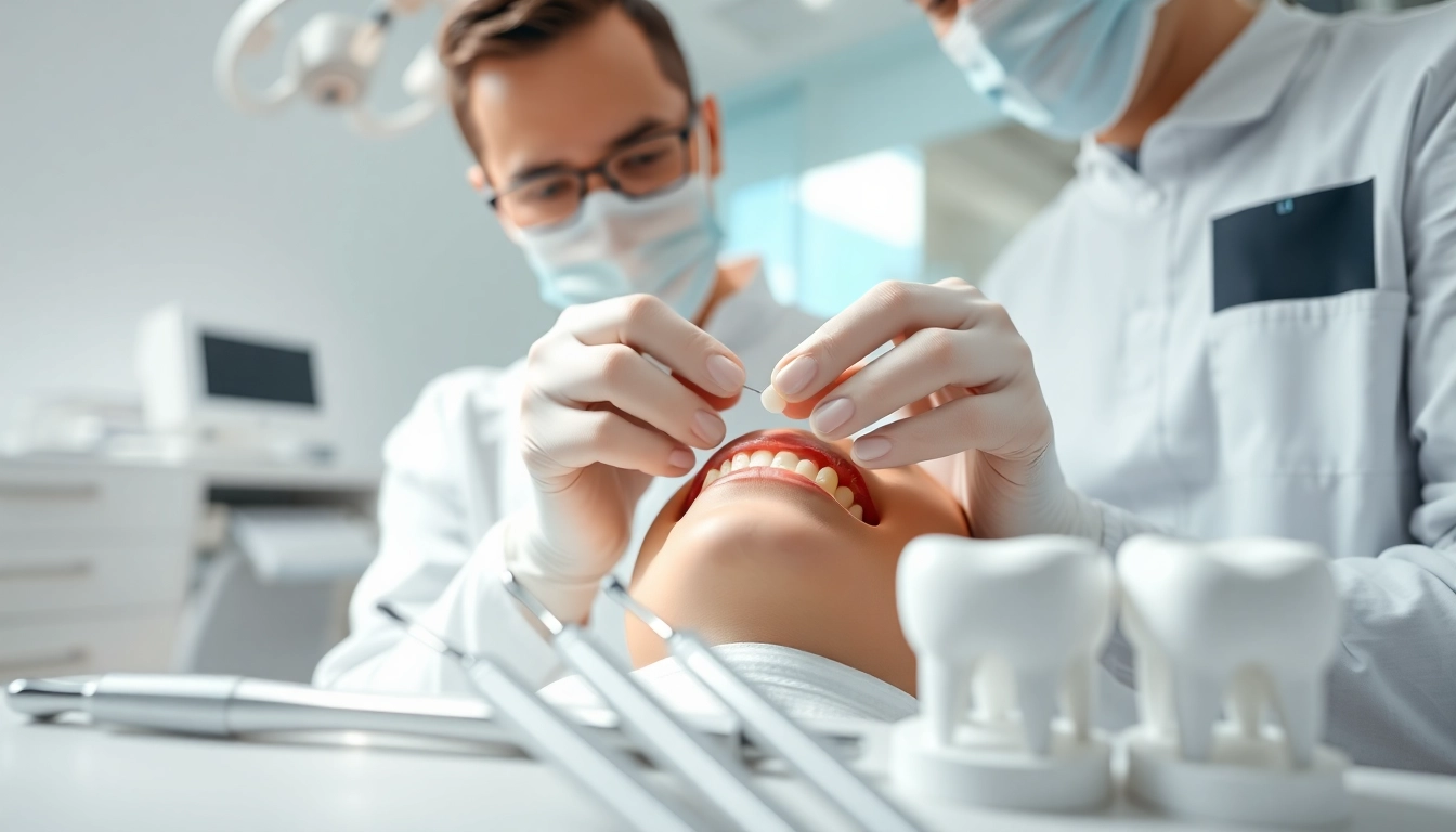 Dental crowns being expertly placed by a dentist in a modern dental office setting.