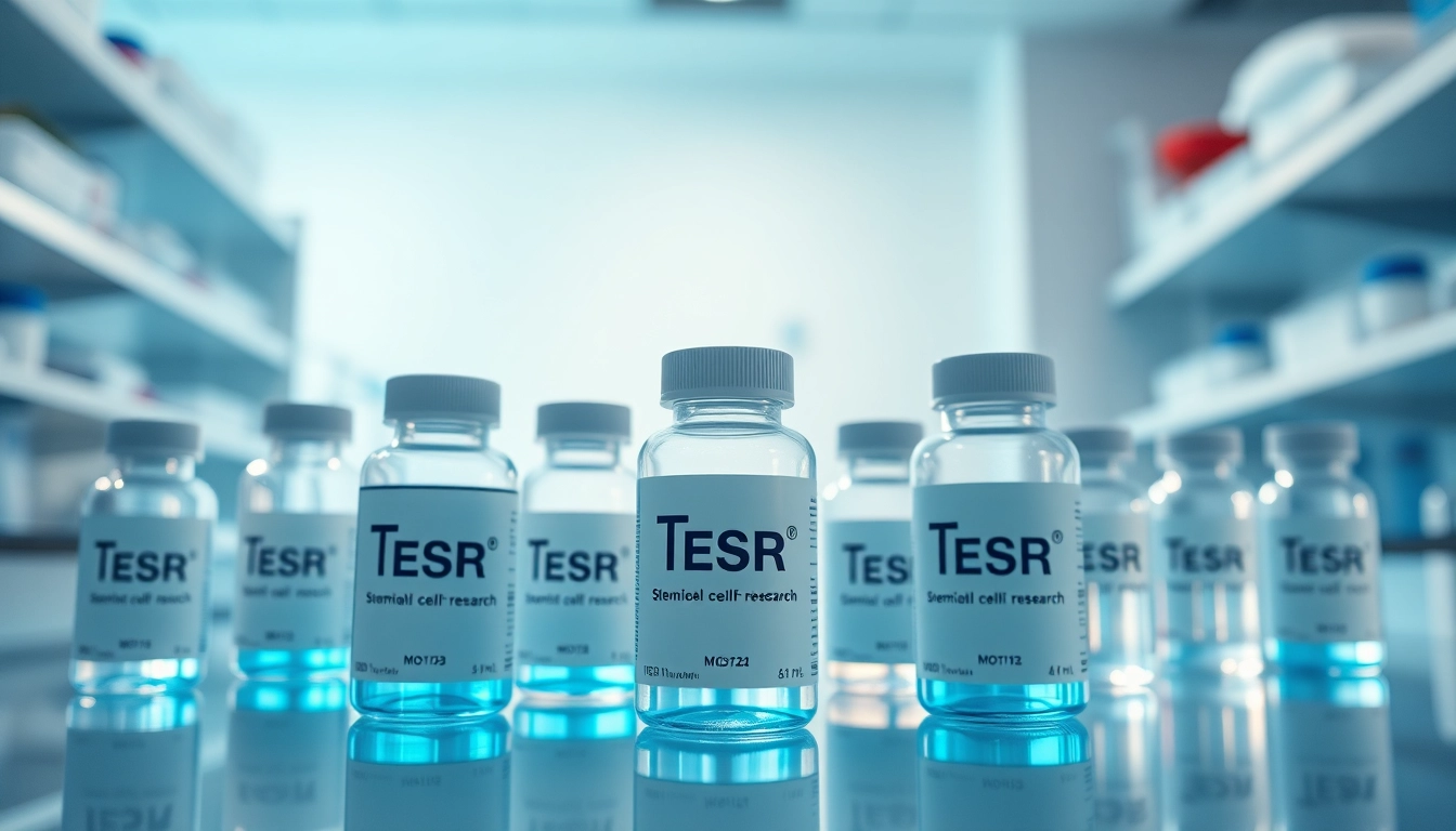 all check TeSR™ media bottles arranged in a bright laboratory, showcasing advanced stem cell research features.