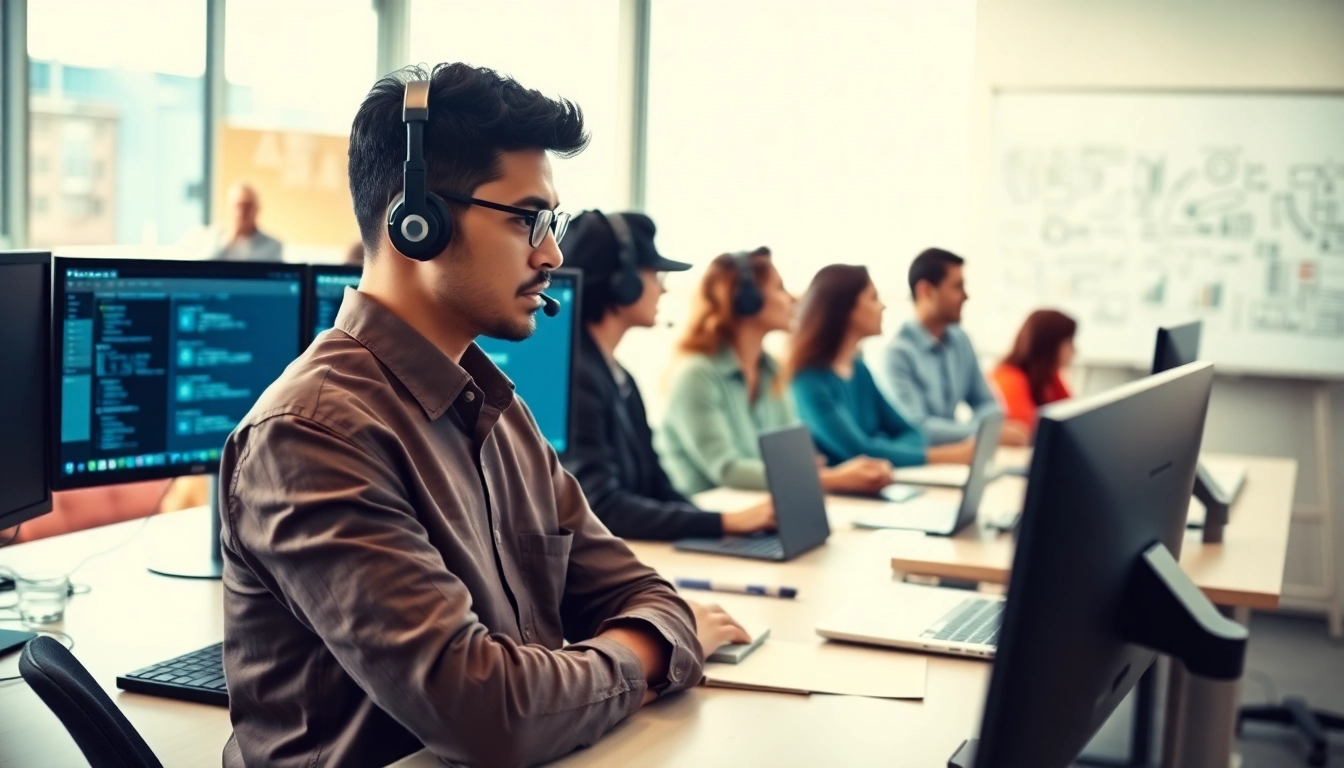 Enhance helpdesk support services with a dedicated professional team collaborating in a modern office.