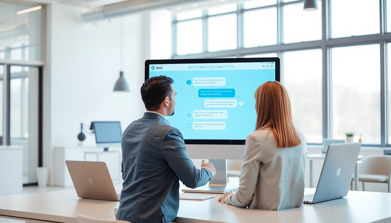 Engaging AI bot for websites assisting users in a modern office setting.