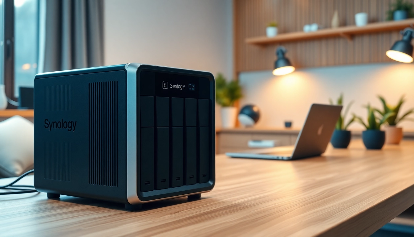 Enhance your home office with a sleek Synology Storage device and modern technology.
