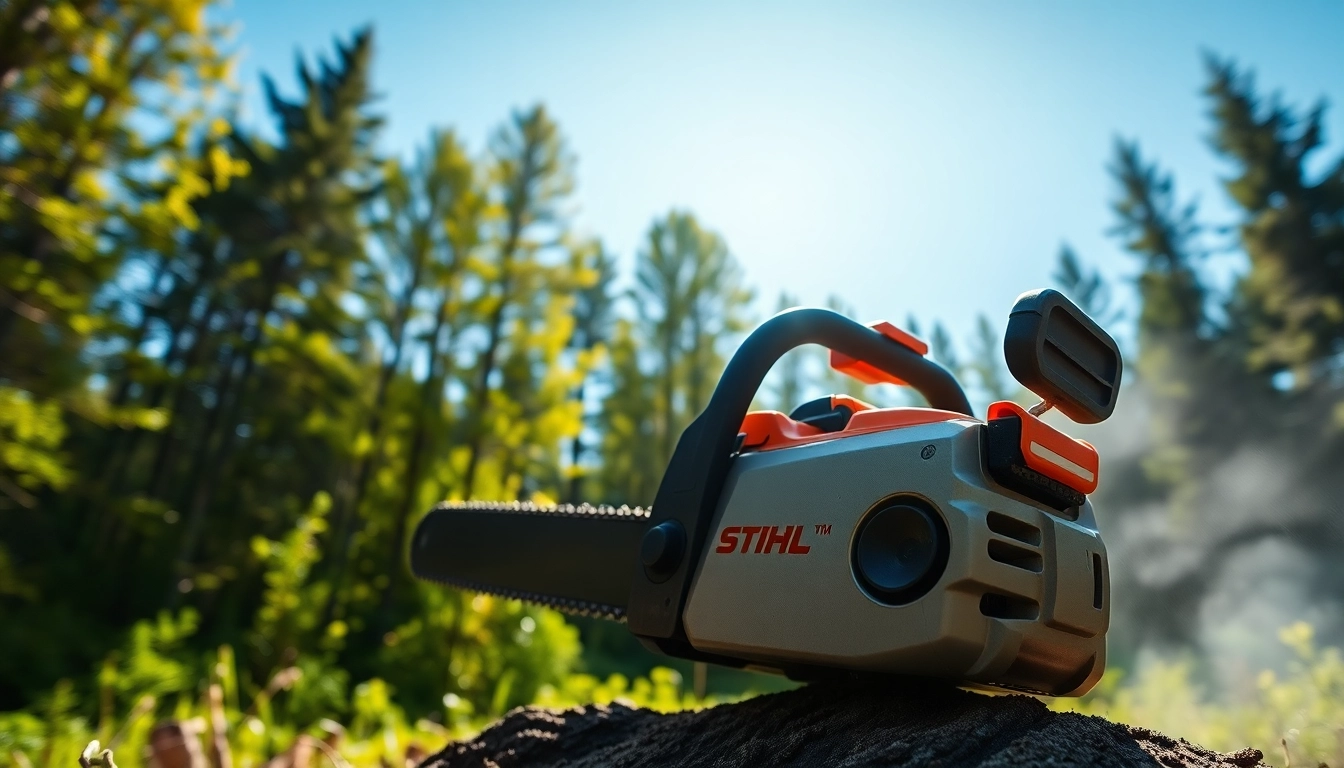 Stihl Kettensäge im Wald präsentiert, robustes Design und vertrauenswürdige Leistung.