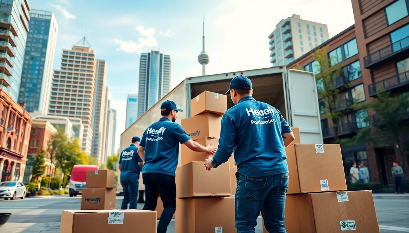 Movers in Toronto area efficiently loading boxes onto a truck in the city.