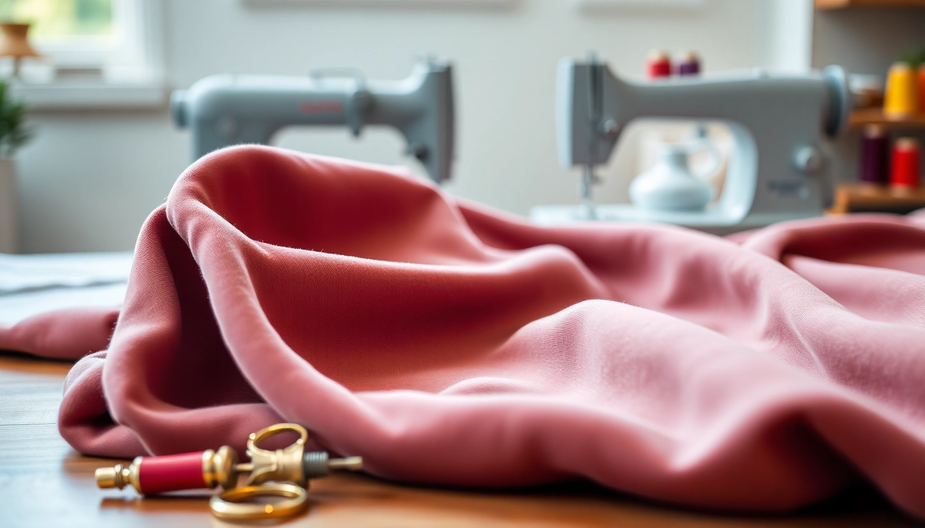 Velours de panne stof met luxueuze textuur en stijlvolle naaigereedschap.