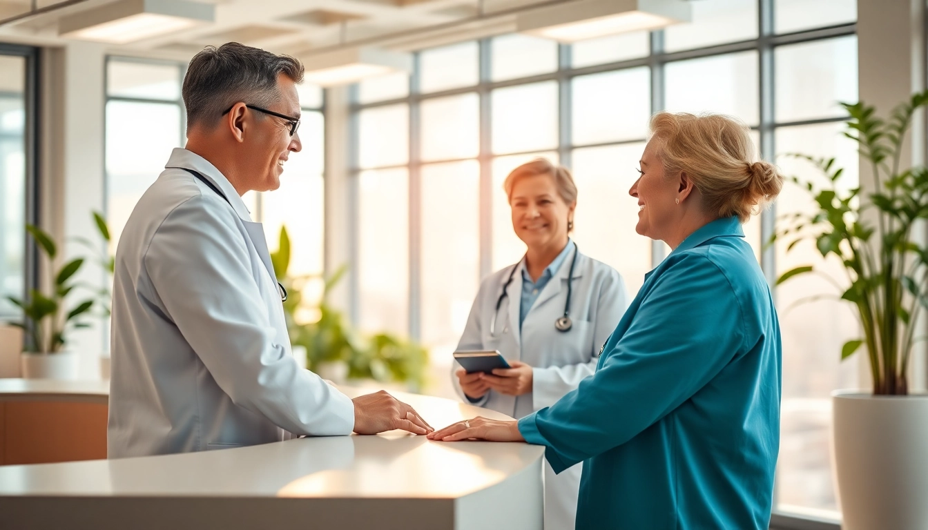 Concierge care physicians welcoming patients in a bright, modern clinic setting.