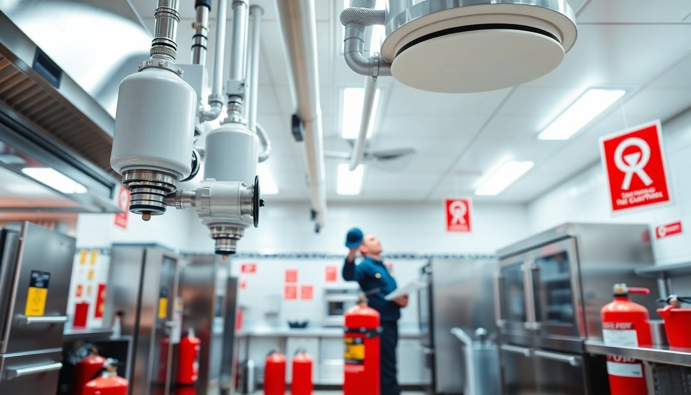 Fire Suppression service equipment being inspected for safety in a commercial kitchen.