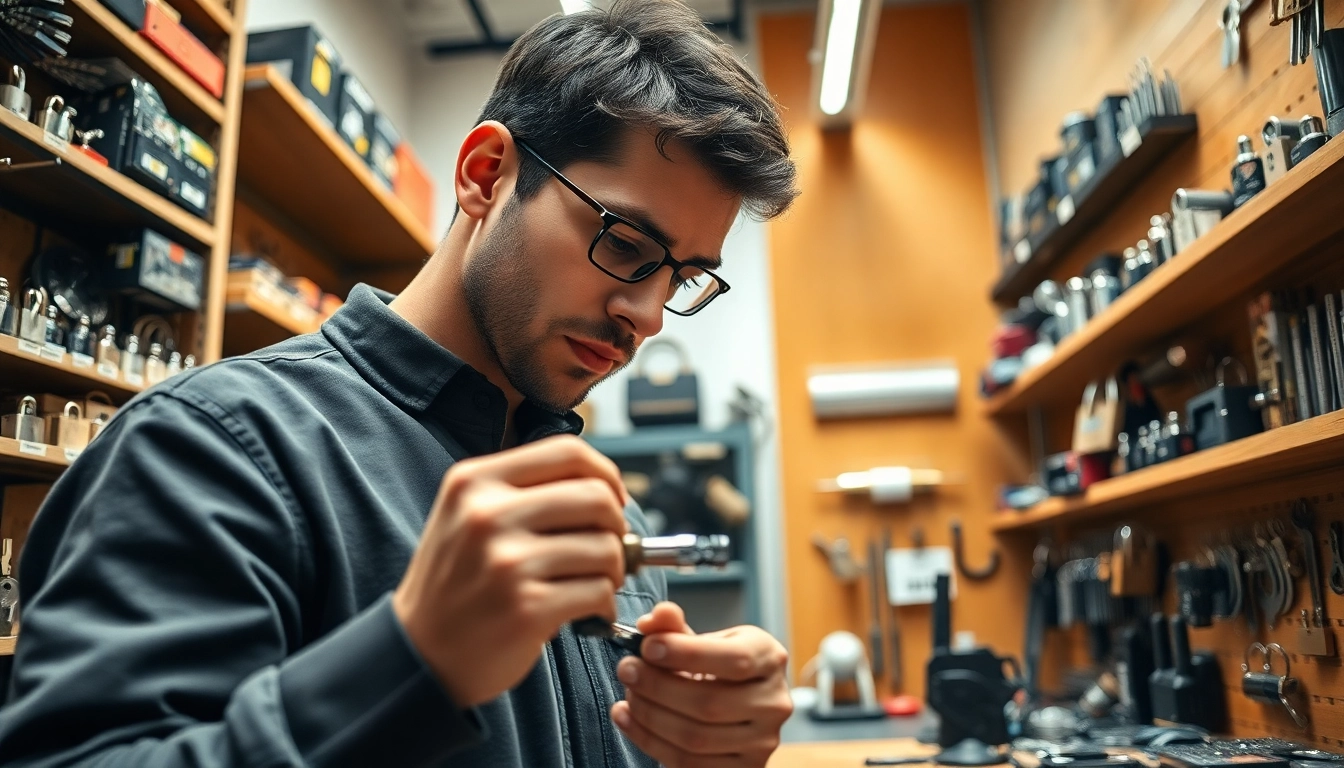 Carballo Locksmith technician examining locks in a bright, organized workshop.