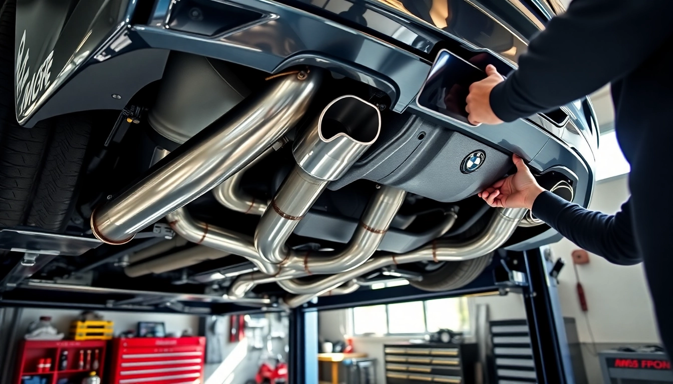 Installing BMW F80 downpipes in a garage, showcasing craftsmanship and attention to detail.