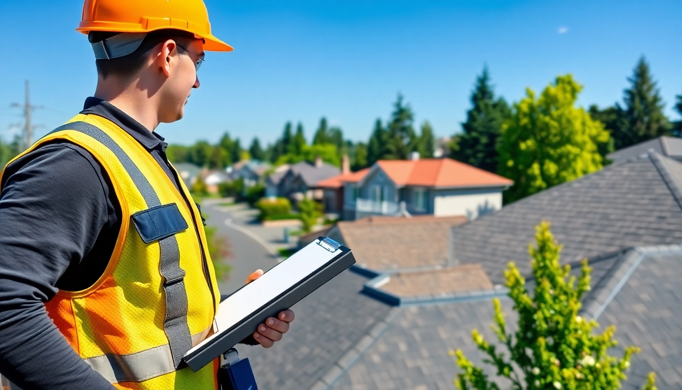 Assessing Roofing Vancouver Wa with a contractor inspecting a residential roof in a vibrant neighborhood.