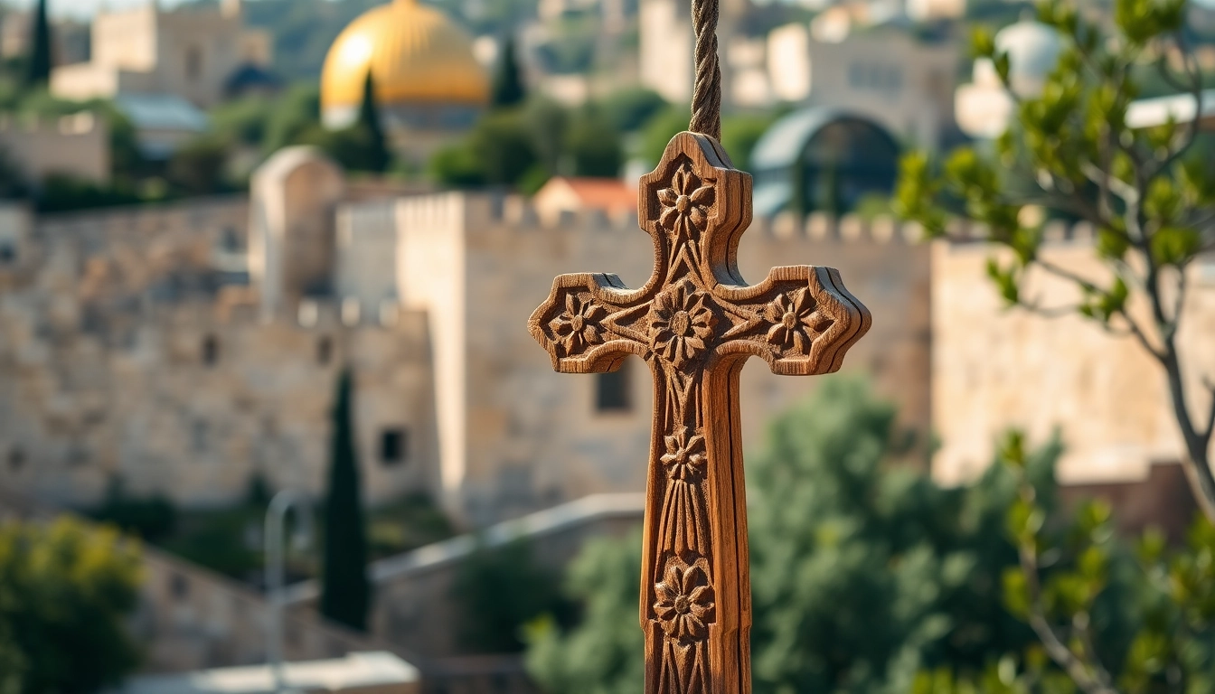 Admire the detailed Jerusalem crosses set against the historic backdrop of Jerusalem.