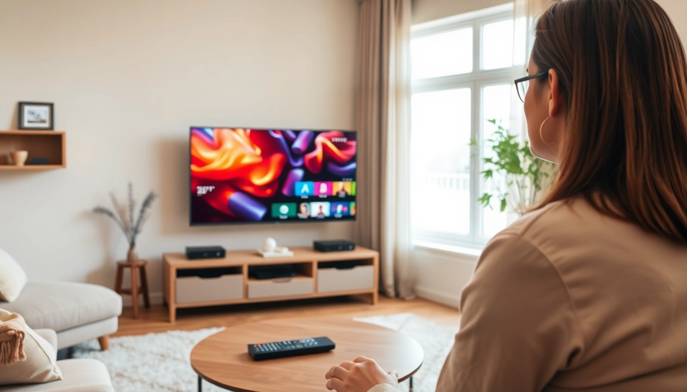 Comprar IPTV en una sala moderna con un usuario disfrutando del contenido en un gran televisor.