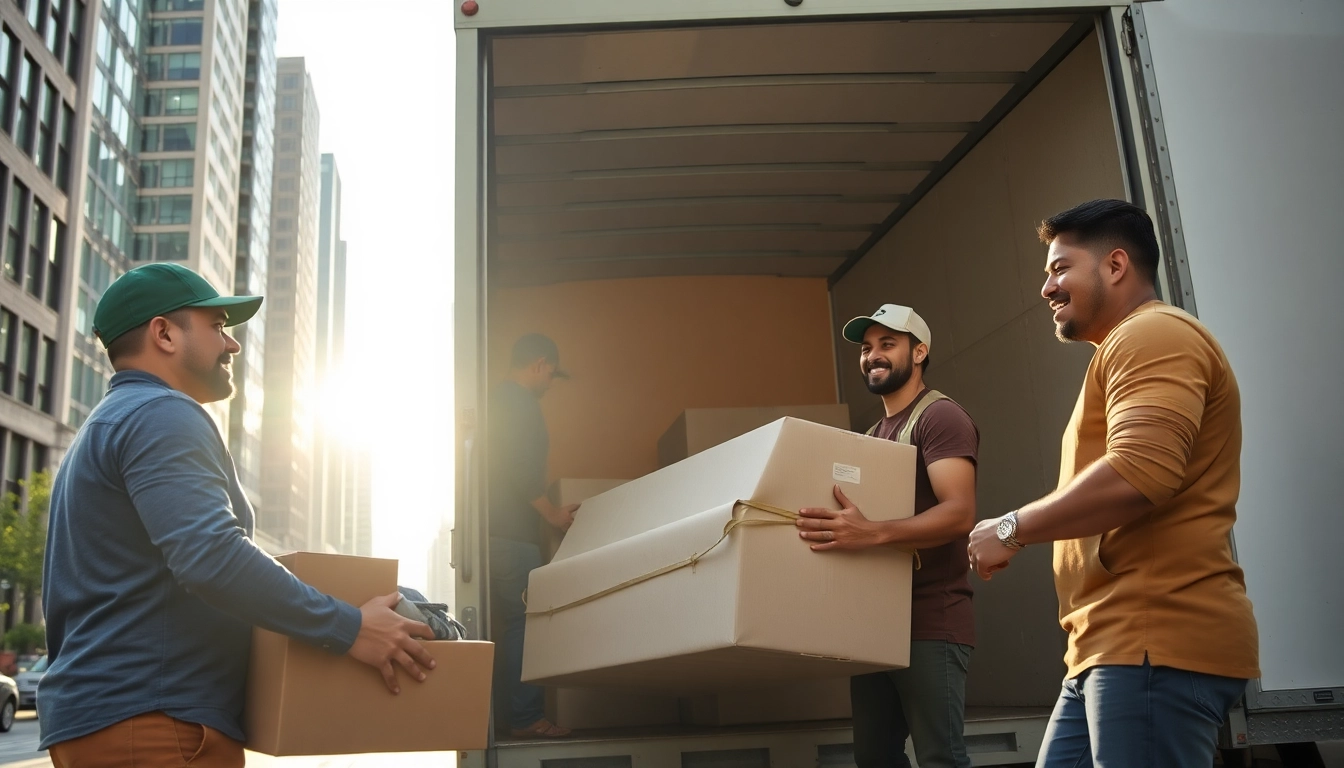 Toronto best moving company showcasing professional movers efficiently packing and loading in a bright urban scene.